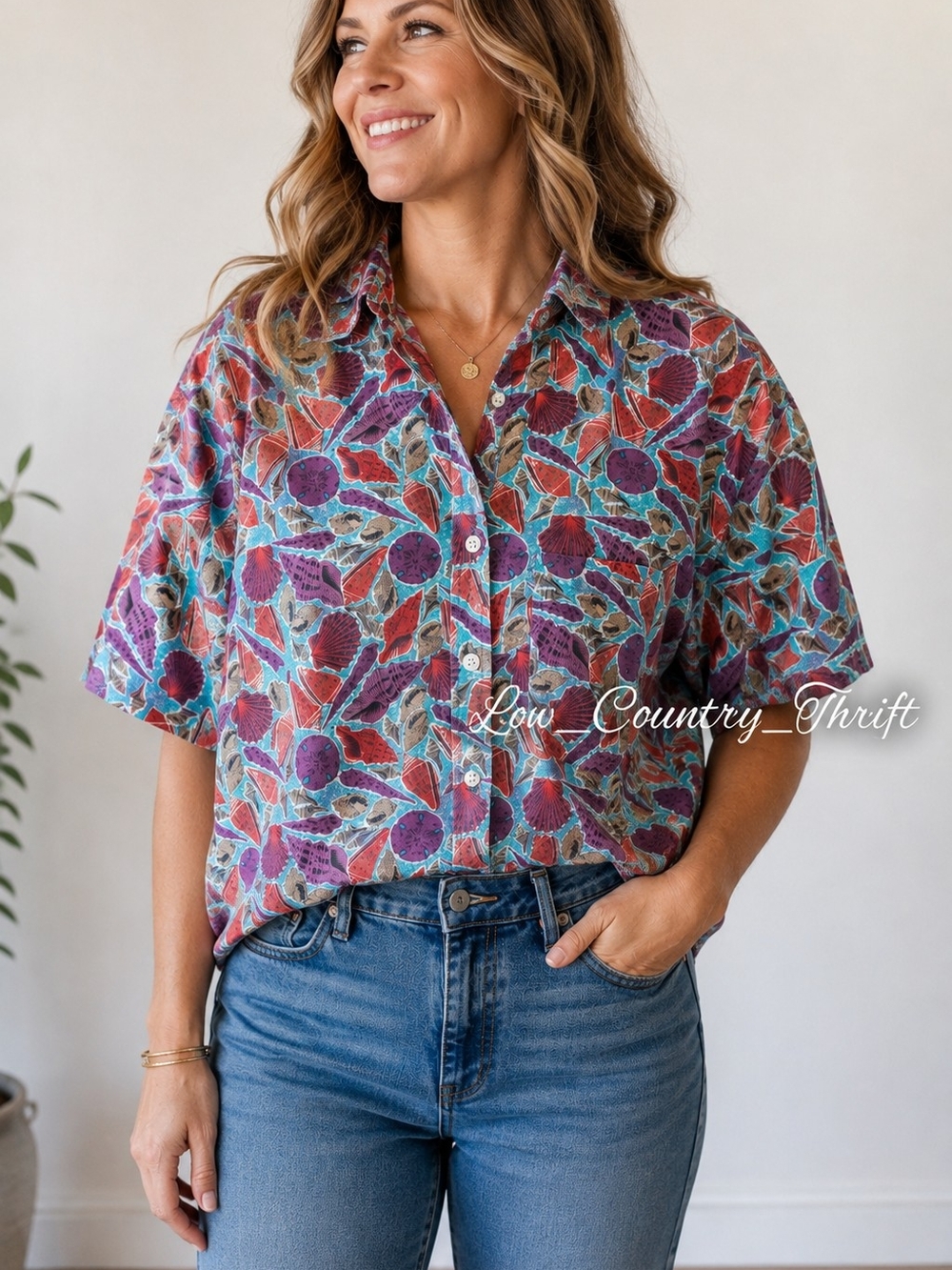 Vintage Columbia Women's M Seashell Sand Dollar Print Shirt